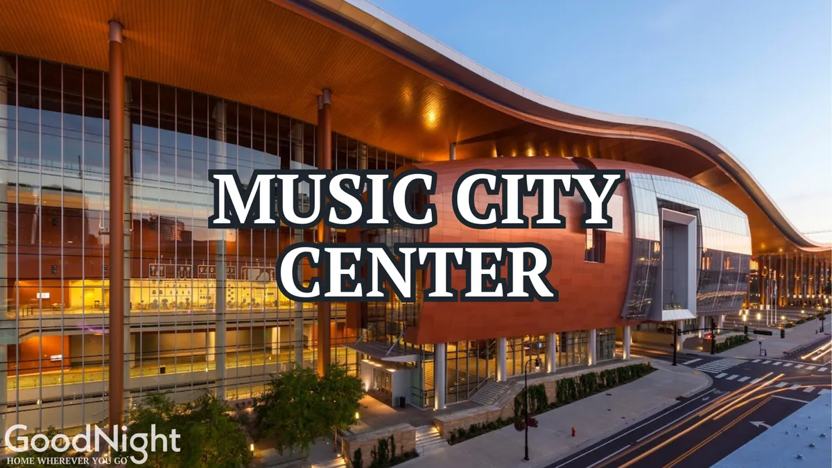 This image features the Music City Center building with its iconic curved roof and glass facade, surrounded by lush landscaping. The scene is lively and modern, capturing Nashville's dynamic energy and connection to major business and conference events.