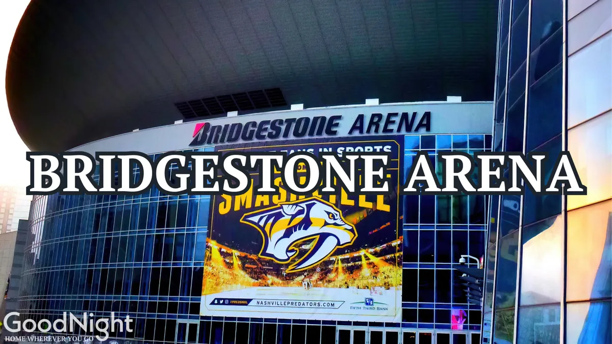 The iconic Bridgestone Arena sign set against the modern architecture of downtown Nashville. The image includes banners and city energy, evoking the excitement of attending sports games or concerts with friends.