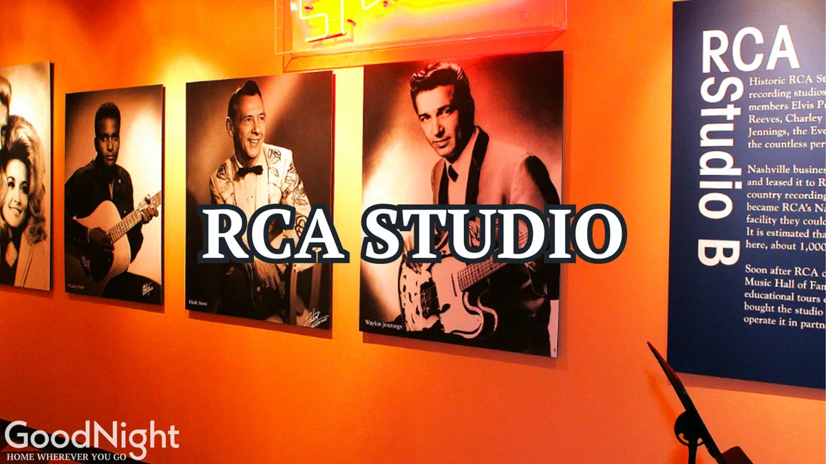 An interior view showcasing photographs of famous musicians and the RCA Studio sign, evoking the city’s rich musical heritage. The mood is celebratory, inviting viewers to connect with Nashville’s storied musical past and its ongoing legacy.